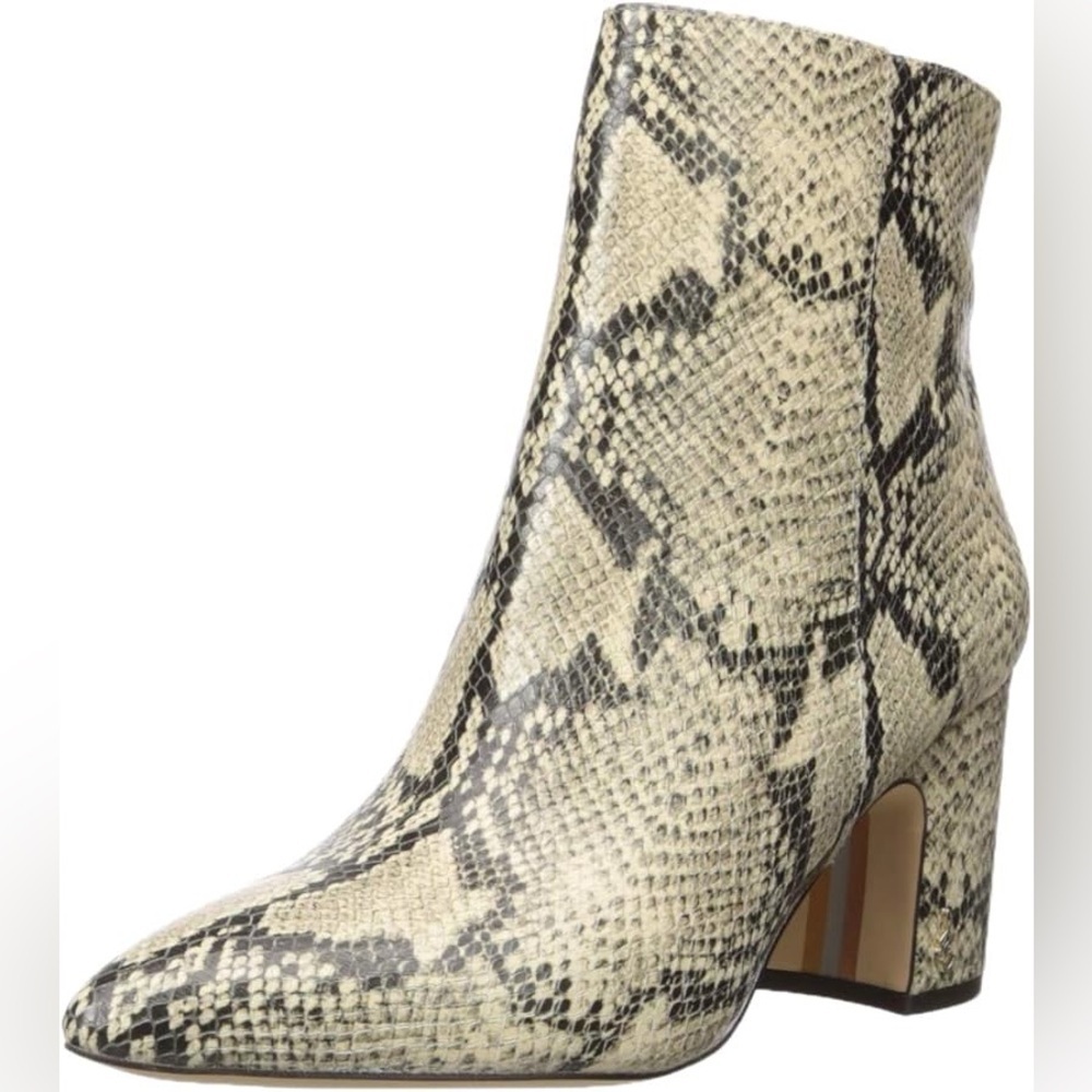 Sam Edelman Pointed Snake-Print Ankle Boot in Beige and Black